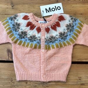 New! MOLO 62 Pink Alpaca Wool Printed Bay Fair Isle Nordic Bunny Cardi Sweater